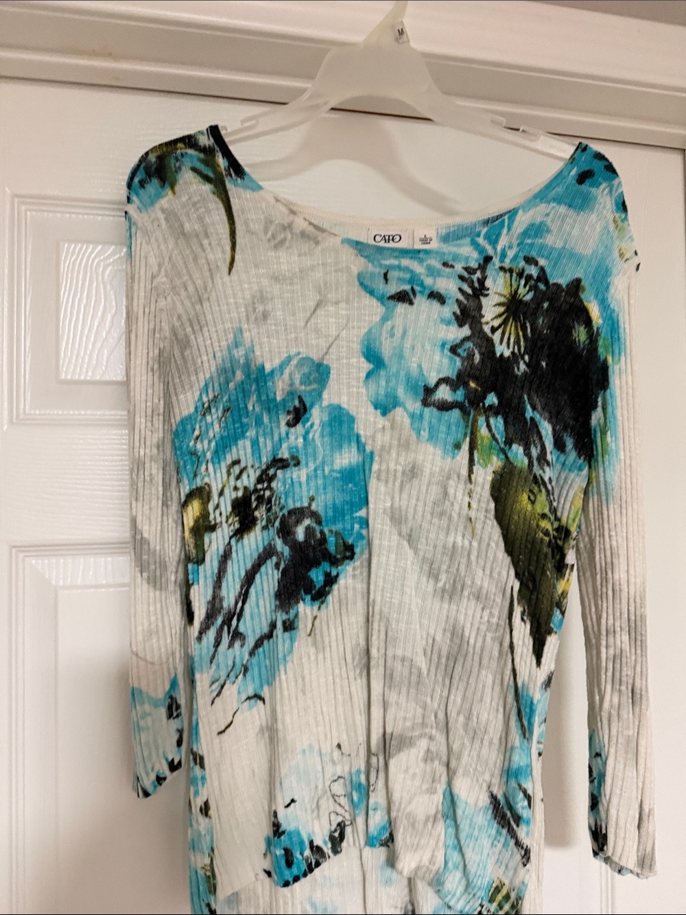 Cato Cream and Blue Floral Ribbed Long Sleeve Top